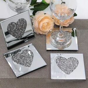 Happy Valentine's Day Heart Shape Mirror Crusted Diamond Glass 4pc Coaster Set